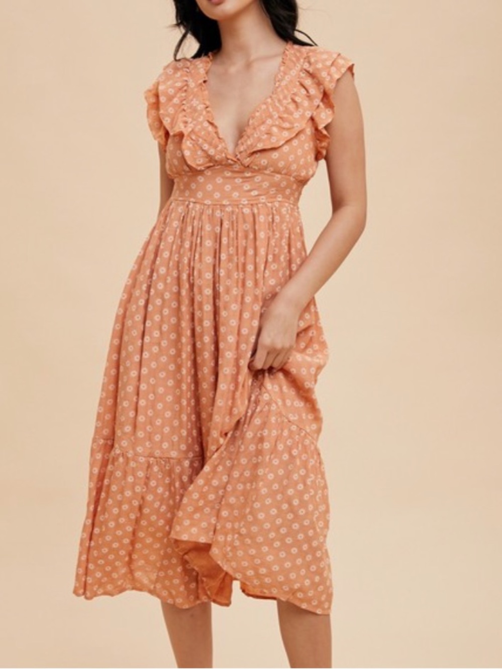 FLORAL PRINT V NECK MIDI DRESS